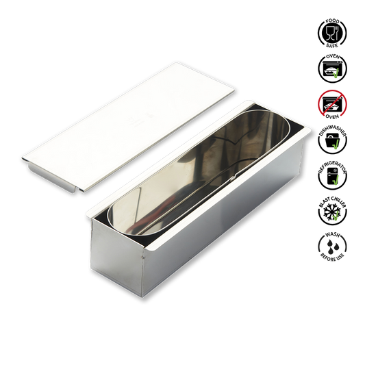 Metallic container with lid on a white background, surrounded by icons indicating safe use and care instructions.