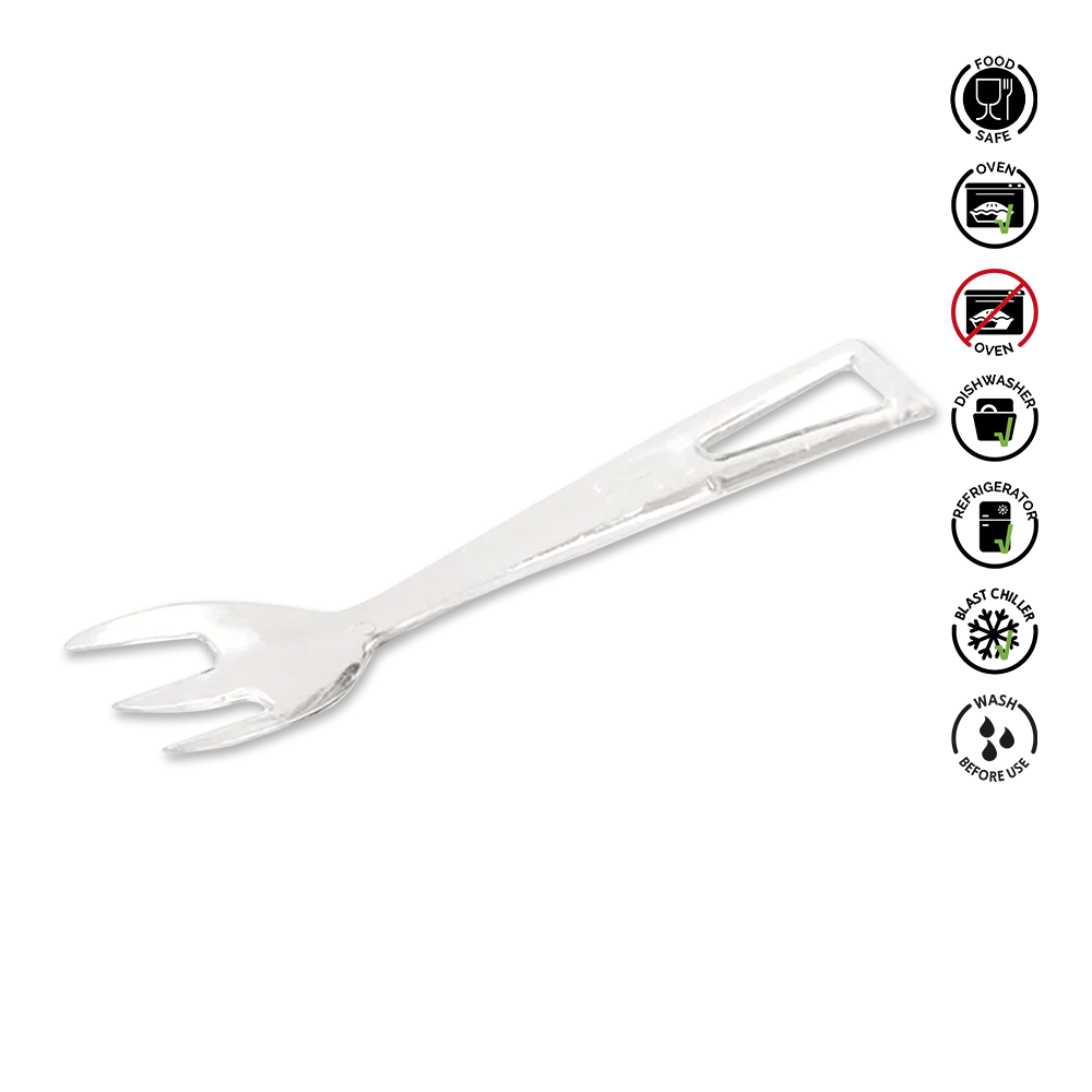Metallic serving fork on a white background with icons indicating food safe, oven safe, and other usage instructions.