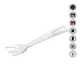 Metallic serving fork on a white background with icons indicating food safe, oven safe, and other usage instructions.