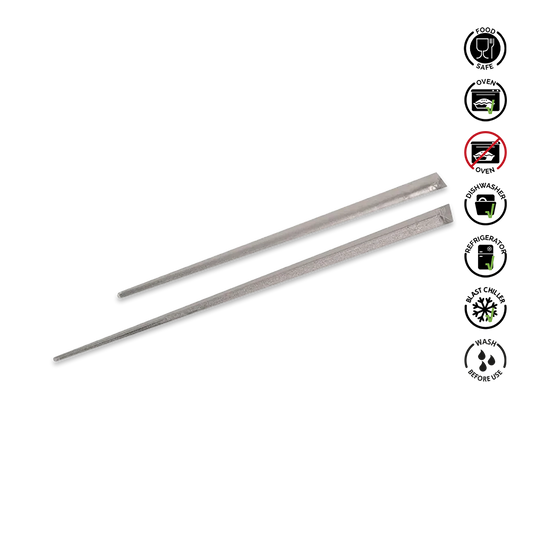 Two metal rods on a white background with safety label icons.