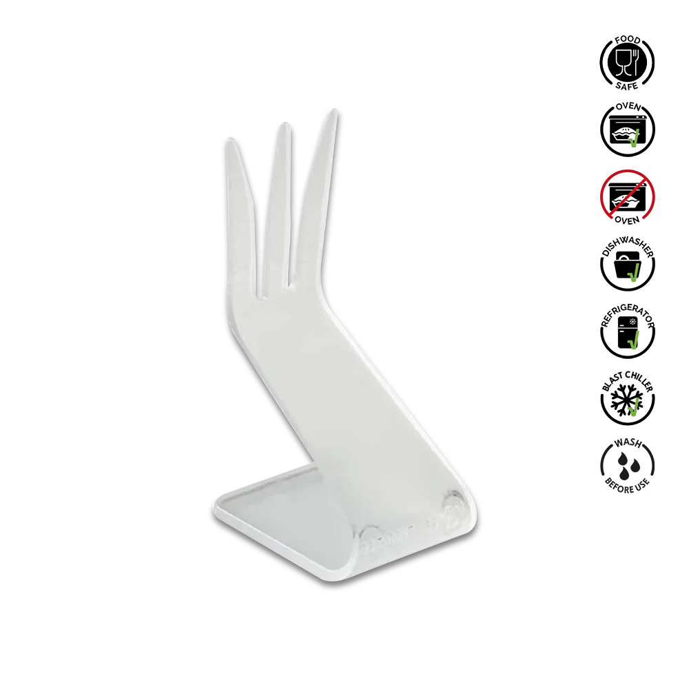 White plastic fork-like stand with safety icons on a white background