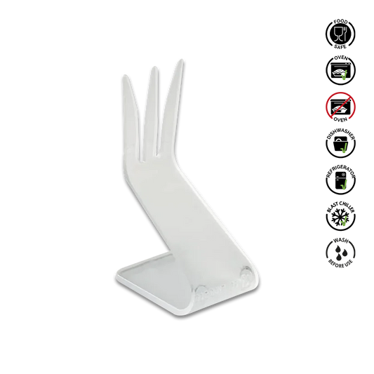 White plastic fork-like stand with safety icons on a white background
