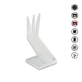 White plastic fork-like stand with safety icons on a white background