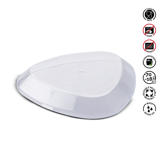 White plastic lid with safety and care instructions on a white background