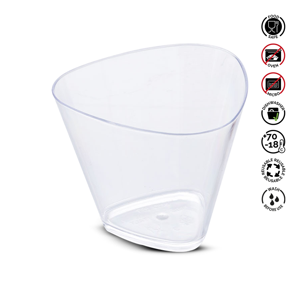 Clear plastic cup with recycling and safety symbols on a white background