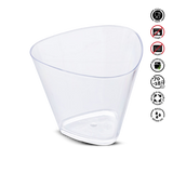 Clear plastic cup with recycling and safety symbols on a white background