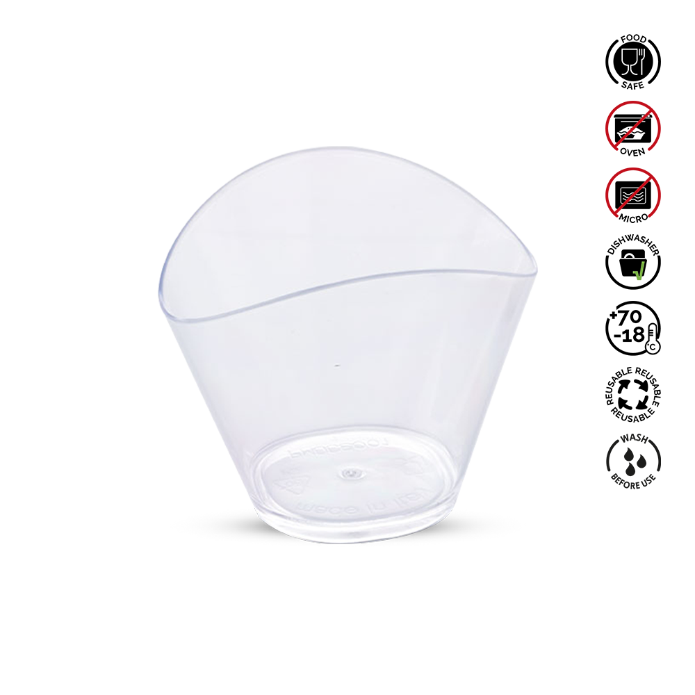 Clear plastic cup with recycling and disposal symbols on a white background
