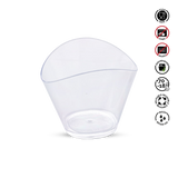 Clear plastic cup with recycling and disposal symbols on a white background