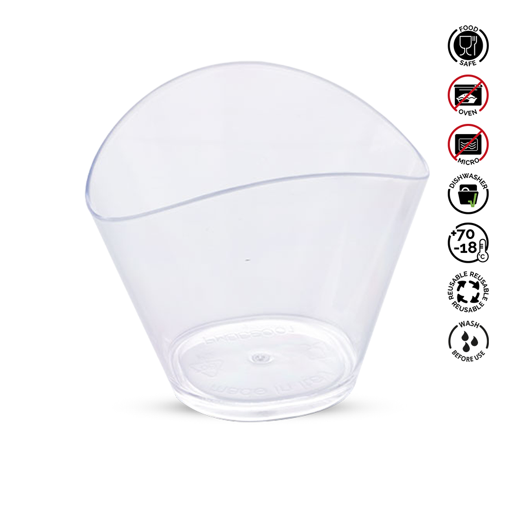 Clear plastic container with recycling and care instructions on a white background