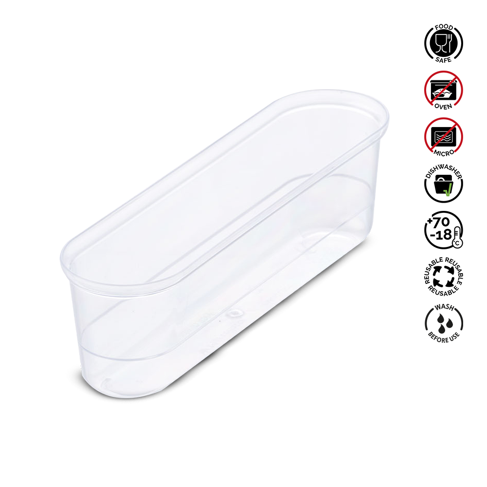 Clear plastic container with food safety symbols on a white background