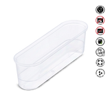 Clear plastic container with food safety symbols on a white background