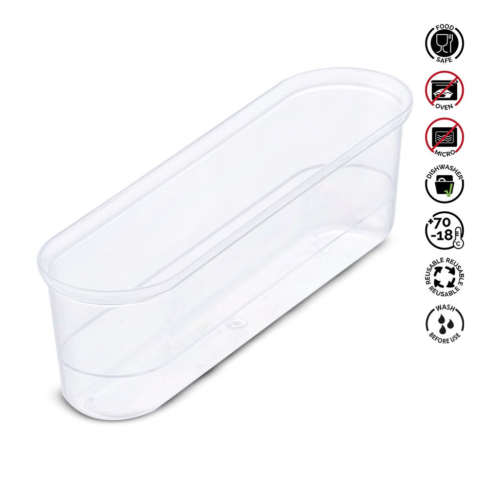 Clear plastic container with labels indicating safe use, oven safety, microwave safety, dishwasher safety, and storage temperature.