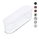 Clear plastic container with labels indicating safe use, oven safety, microwave safety, dishwasher safety, and storage temperature.