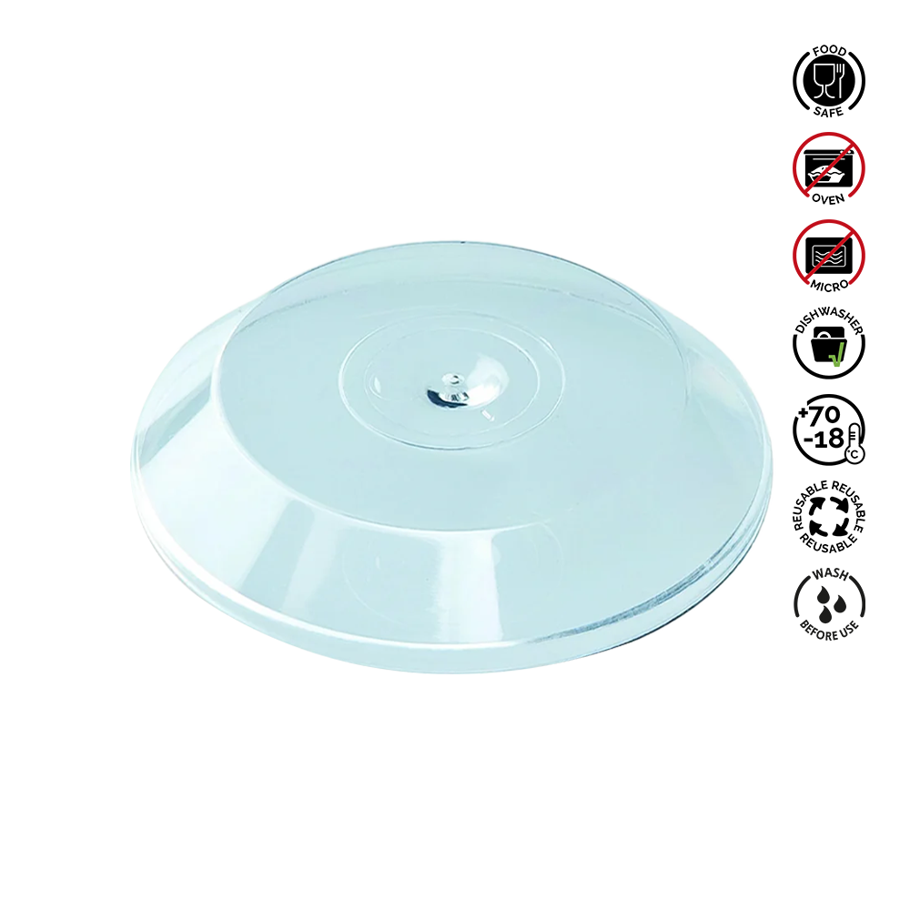 Clear plastic lid with food safety symbols on a white background