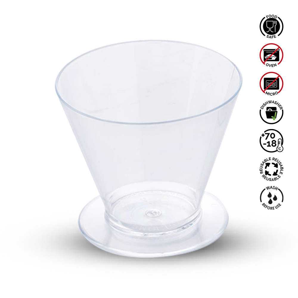 Clear plastic cup with usage instructions on a white background