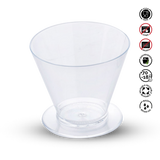 Clear plastic cup with usage instructions on a white background