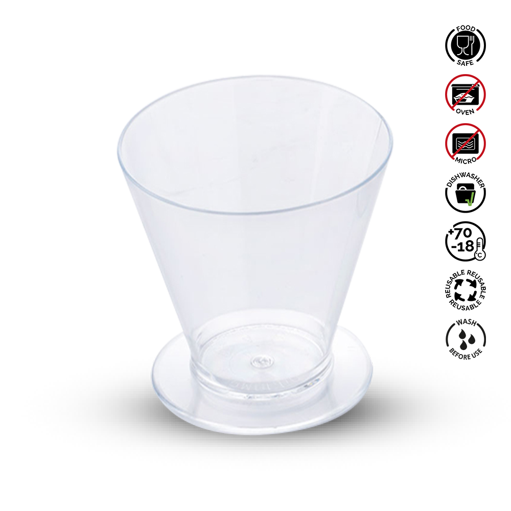 Clear plastic cup with recycling and safety symbols on a white background