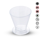 Clear plastic cup with recycling and safety symbols on a white background