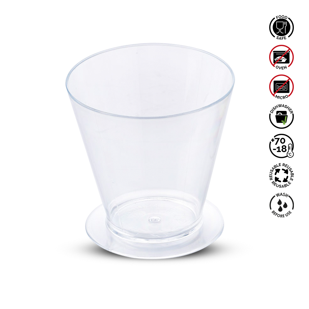 Clear plastic cup with recycling and safety symbols on a white background