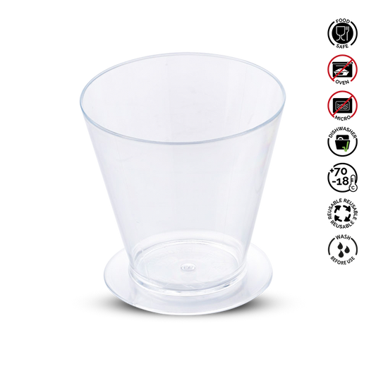 Clear plastic cup with recycling and safety symbols on a white background