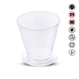 Clear plastic cup with recycling and safety symbols on a white background