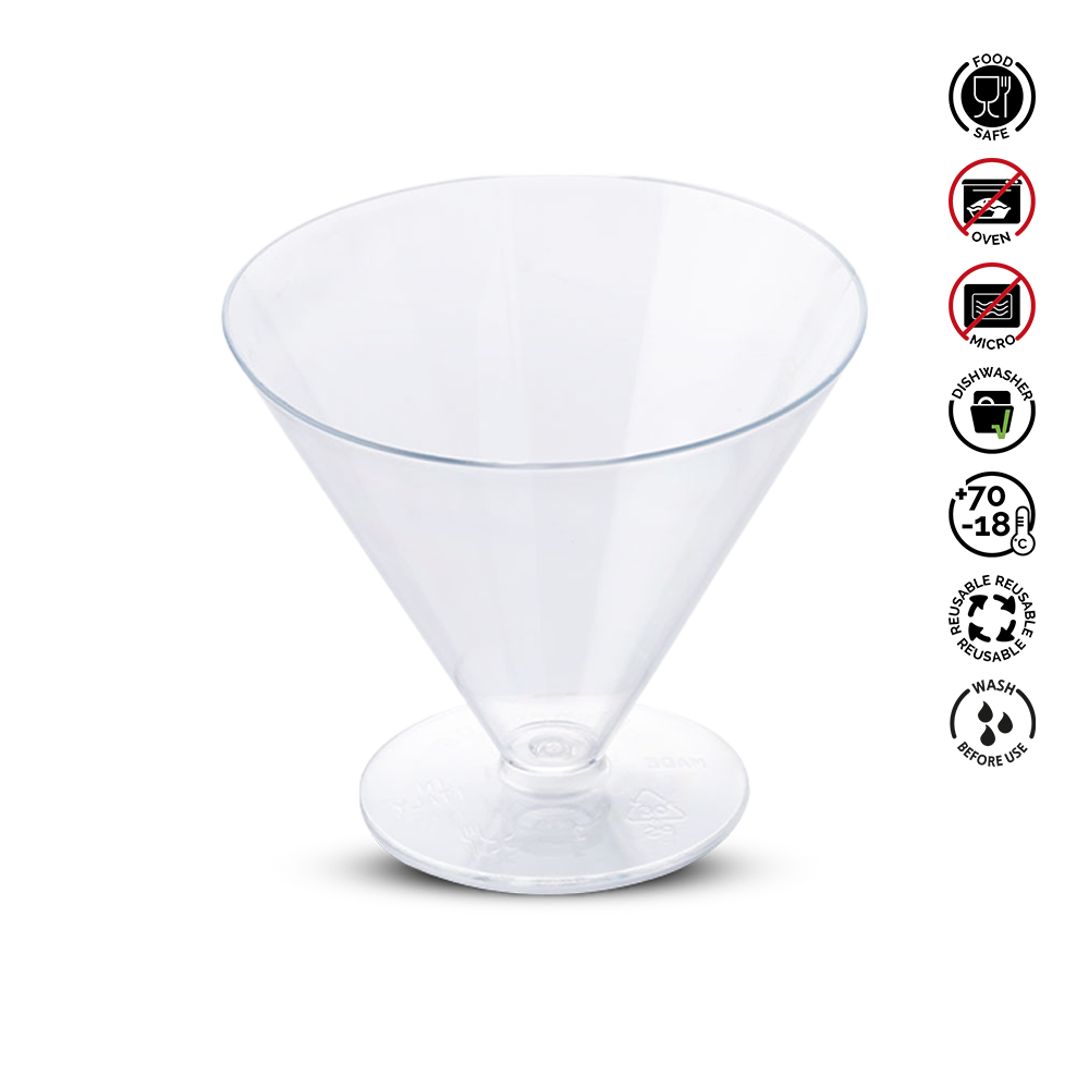 Clear plastic martini glass with recycling symbols on a white background