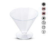 Clear plastic martini glass with recycling symbols on a white background