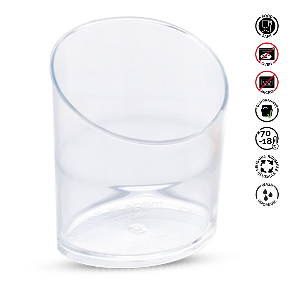 Clear glass container with recycling and care instructions on a white background