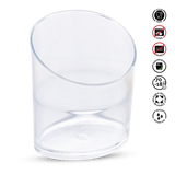 Clear glass container with recycling and care instructions on a white background