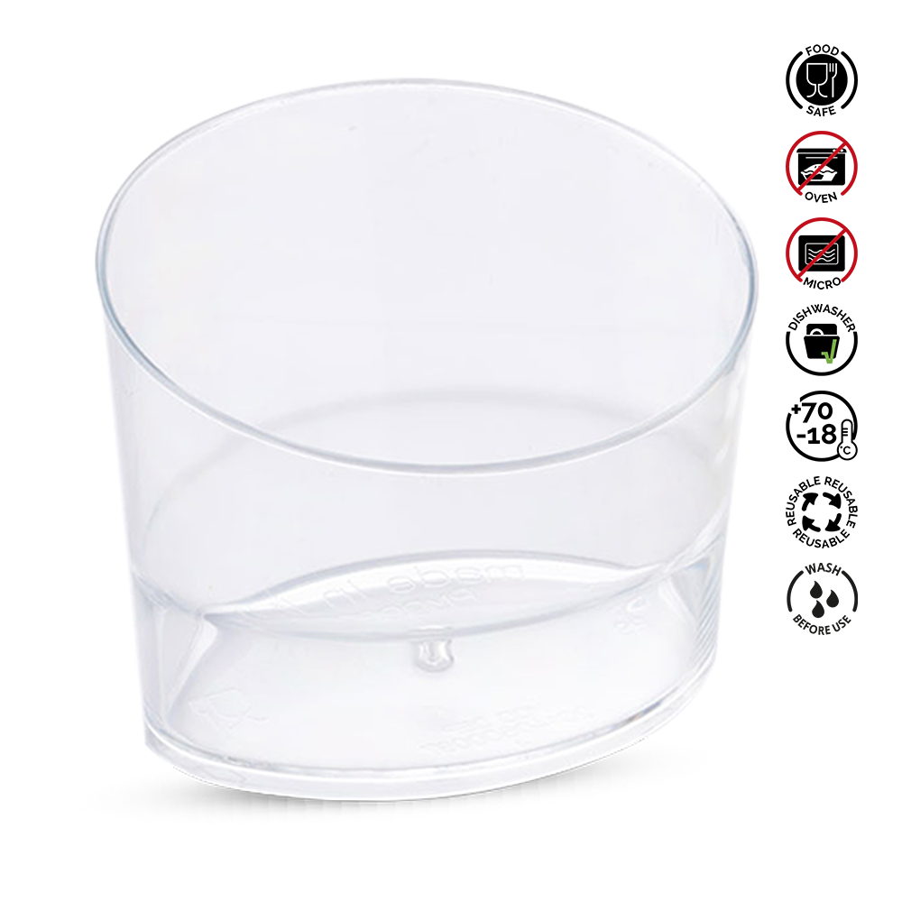 Clear plastic container with recycling and care instructions on a white background