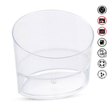 Clear plastic container with recycling and care instructions on a white background