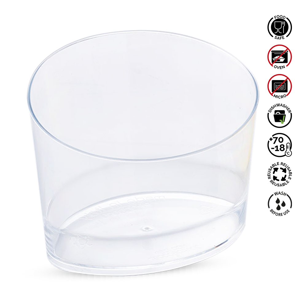 Clear plastic container with recycling and care instructions on a white background