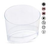 Clear plastic container with recycling and care instructions on a white background