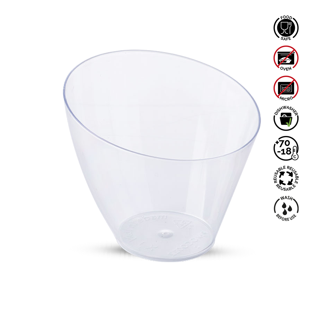 Clear plastic cup with recycling and safety symbols on a white background