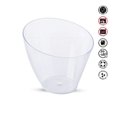 Clear plastic cup with recycling and safety symbols on a white background