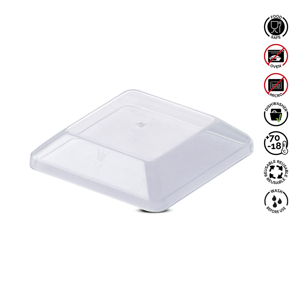 Clear plastic container with food safety symbols on a white background