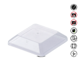 Clear plastic container with food safety symbols on a white background