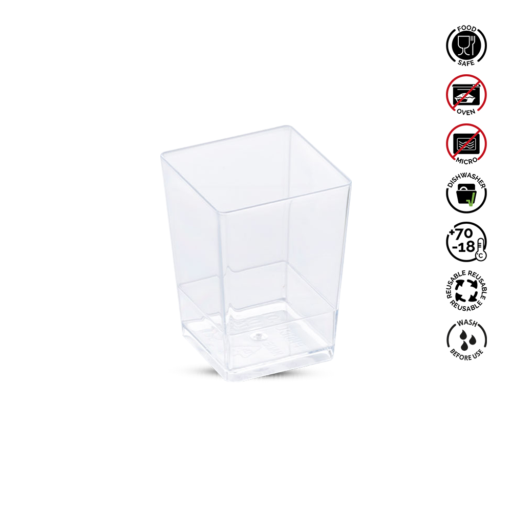 Clear plastic container with recycling and care instructions on a white background