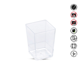 Clear plastic container with recycling and care instructions on a white background