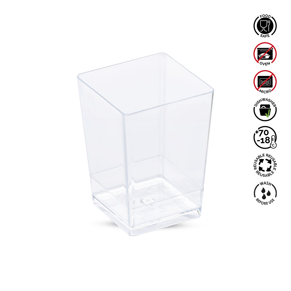 Clear plastic container with safety symbols on a white background