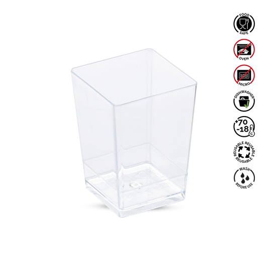 Clear plastic container with safety symbols on a white background