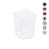Clear plastic container with safety symbols on a white background