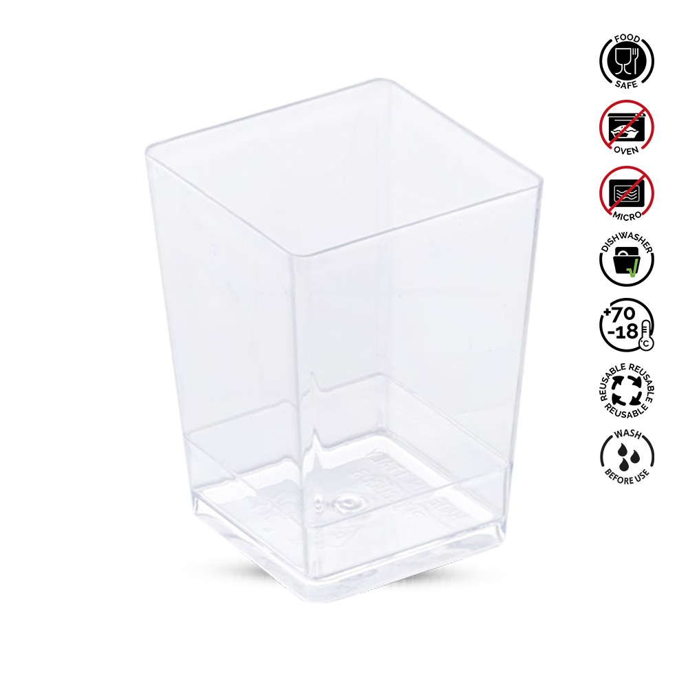 Clear plastic container with recycling and care instructions on a white background
