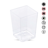 Clear plastic container with recycling and care instructions on a white background