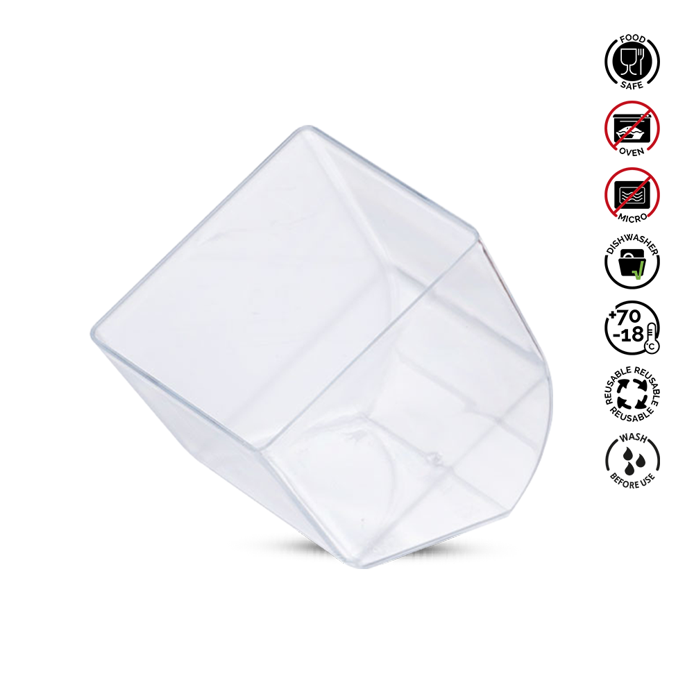 Clear plastic container with food safety symbols on a white background