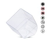 Clear plastic container with food safety symbols on a white background