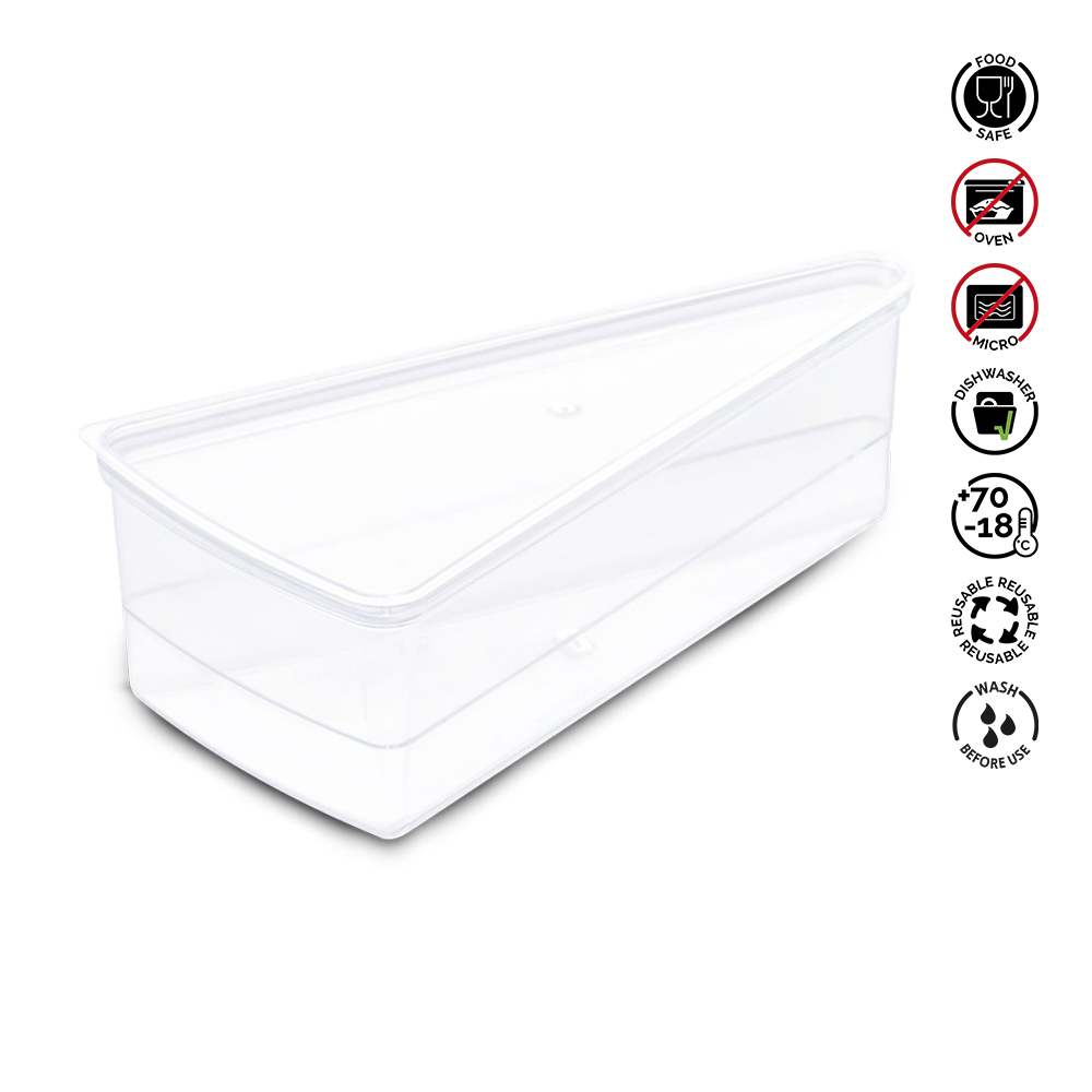 Stack of clear plastic containers with icons indicating safe use on a white background