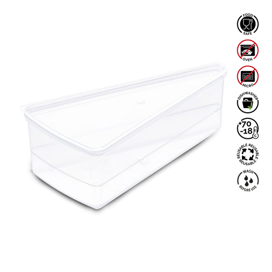 Stack of clear plastic containers with icons indicating safe use on a white background