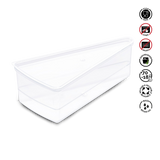 Stack of clear plastic containers with icons indicating safe use on a white background