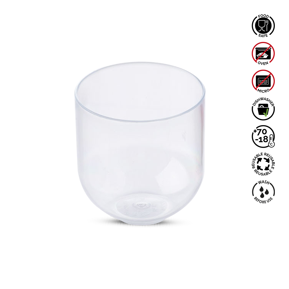 Clear glass cup with safety and care instructions on a white background
